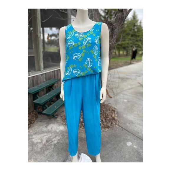 Alfred Sung Vintage 90s 100% Silk 3 Piece Dress Suit Turquoise Green Abstract - Picture 15 of 16